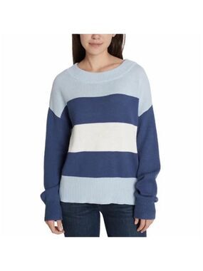 Lucky Brand Colorblock Striped Round Neck Knit Sweater Women Small Blue